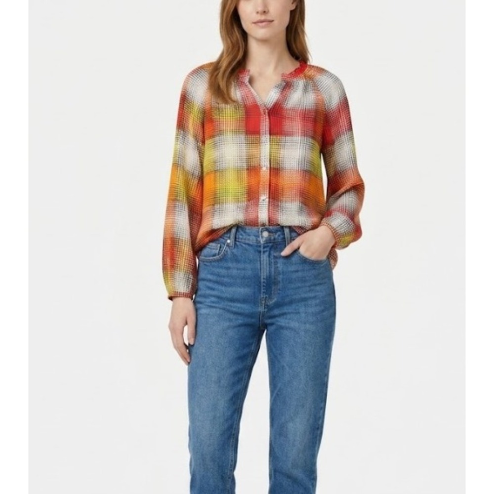 BCBGMAXAZRIA Silk Blouse Medium Multicolor Dot Plaid Ruffle Neck Button Front